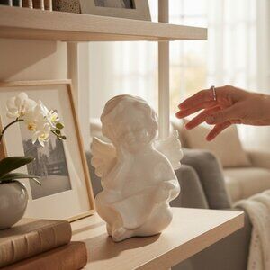 Charming Antique Cherub Statue with Scroll and Wings for Ethereal Home Accents